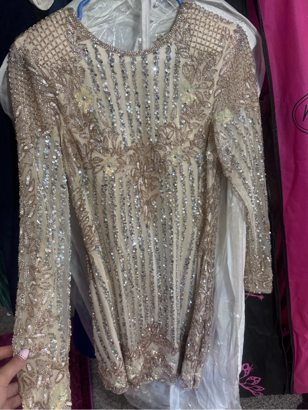 Mac Duggal Champagne Beaded Long Sleeve Evening Dress